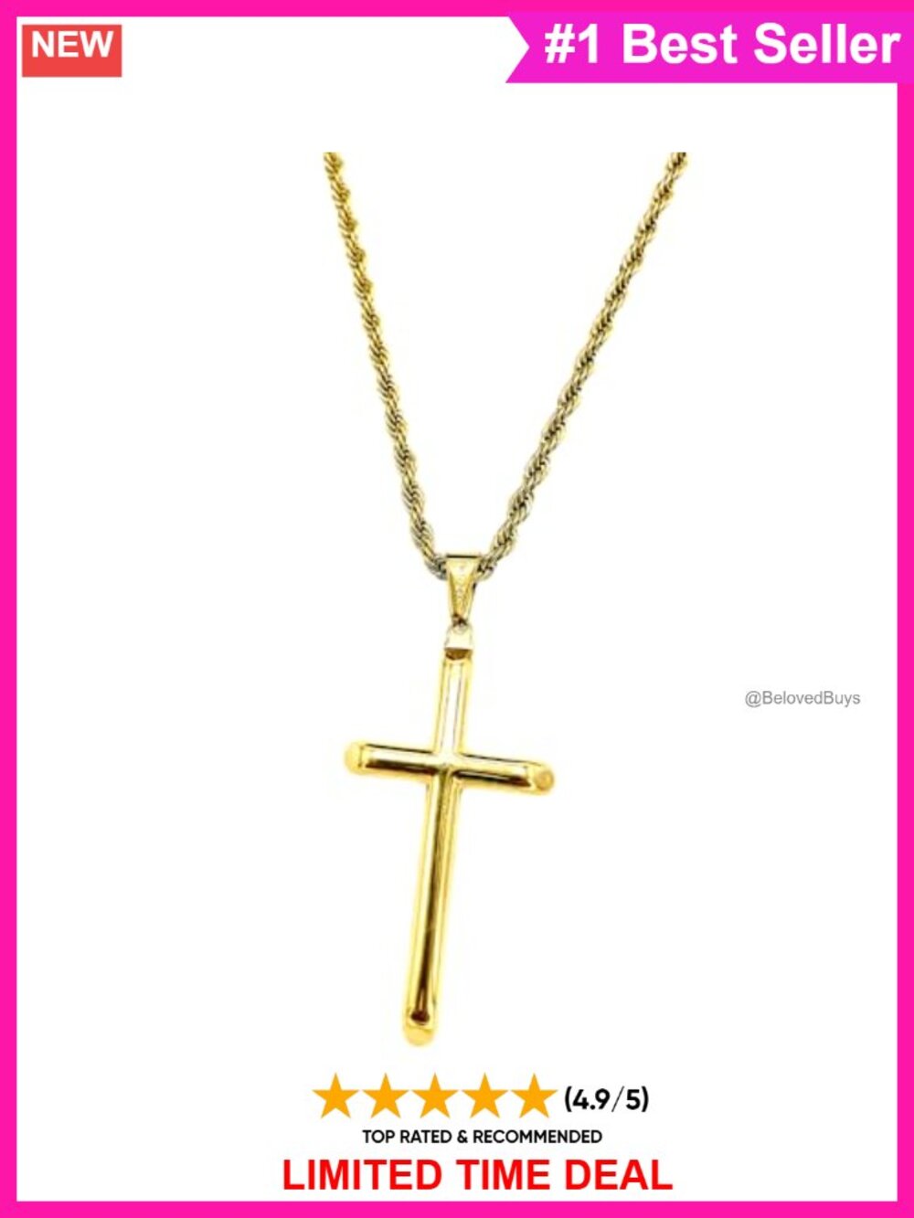 24K Gold Plated Rope Chain Cross Pendant Necklace Lobster Clasp